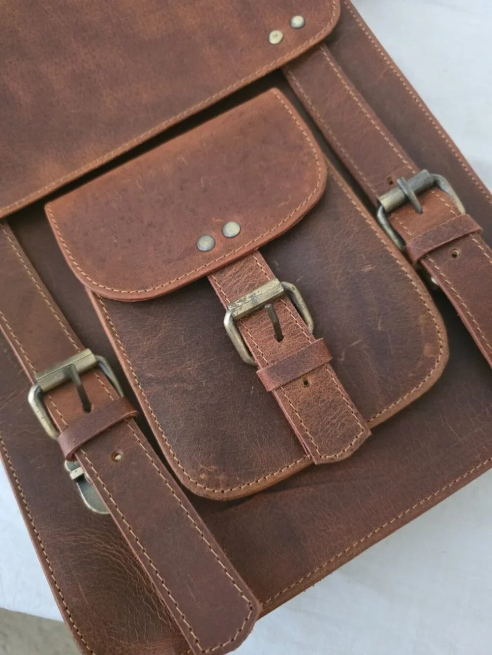 NWOT! Leather Messenger Shoulder Bag with Brass-tone Hardware & Detachable Strap